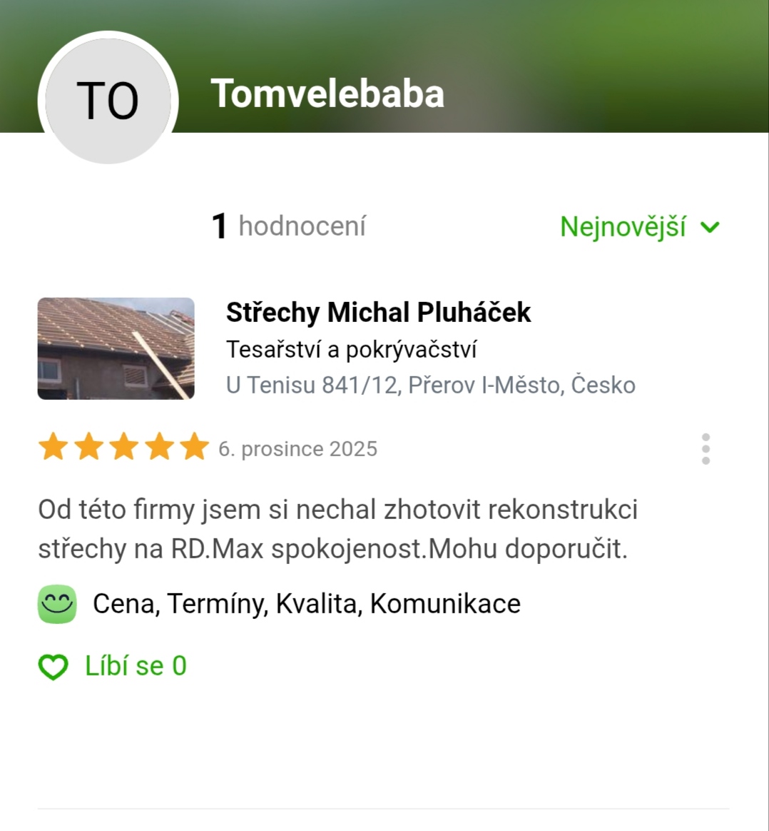 Recenze od pana Tomáše Veleby, rekonstrukce střechy v Přerově.